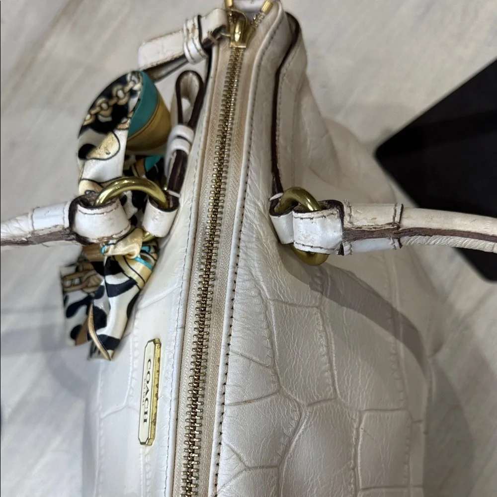 Coach Ivory Croc-Embossed Satchel with Scarf